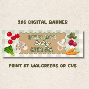 May include: A digital banner with the text "Locally Grown Baby On The Way!" features illustrations of tomatoes, baby shoes, a pacifier, beets, carrots, and lettuce. The banner is 2x6 inches.
