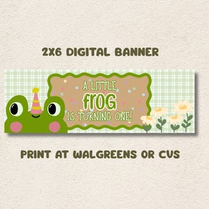 May include: A digital banner with a green frog wearing a party hat. The banner reads "A Little Frog is Turning One!" with a light green plaid background and white flowers. The banner is 2x6 inches.
