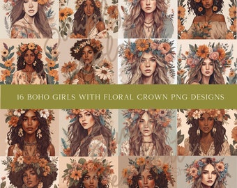 16 Boho Girls With Floral Crowns PNG File| Boho PNG Sublimation File| Digital Download PNG