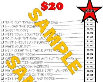 Money Saving Chore Chart for Kids with 20 Dollar Savings Goal