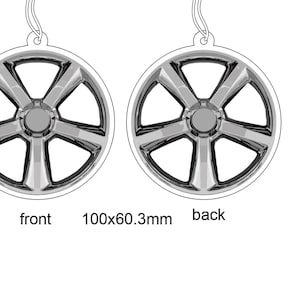 May include: A pair of silver car wheel air fresheners, each measuring 4 inches in diameter. The front shows a detailed image of a wheel with five spokes, while the back is a solid silver color. The text "front" and "back" are printed below the images.