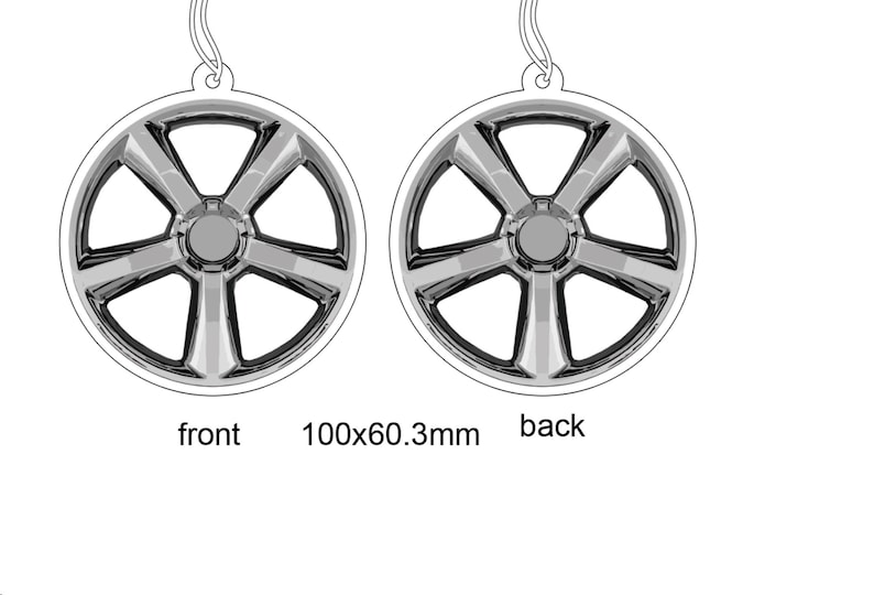 May include: A pair of silver car wheel air fresheners, each measuring 4 inches in diameter. The front shows a detailed image of a wheel with five spokes, while the back is a solid silver color. The text "front" and "back" are printed below the images.