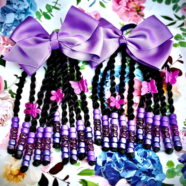Kids braided ponytails extensions with beads, clip bows and adjustable bands. Twists and braids ponytails clip and go