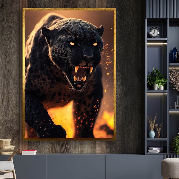 Arte de lienzo de pantera negra, lienzo de gato salvaje, arte de pared de lienzo de gato grande, lienzo animal, decoración de pared enmarcada, arte de pared decorativo, regalo para ella