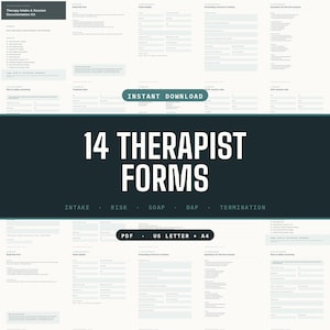 Op de afbeelding: Een digitale collectie van 14 therapeutenformulieren voor intake, risico, SOAP, DAP en afsluitingsdocumentatie. De set bevat PDF-bestanden in US Letter- en A4-formaat met gestructureerde lay-outs voor cliëntgegevens en sessienotities.