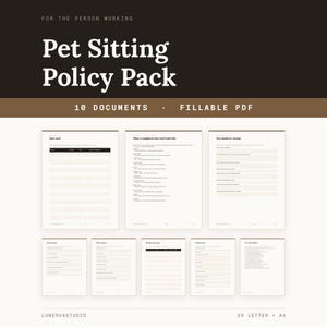 Op de afbeelding: Een digitale Pet Sitting Policy Pack documentenset met 10 invulbare PDF-sjablonen. De lay-out bevat een donkerbruine koptekst met witte tekst, met formulieren zoals een tariefkaart, overdrachtsbon en beleidssamenvatting in US Letter en A4-formaat.