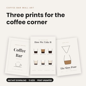 Op de afbeelding: Drie wandkunstprints voor een koffiehoek. De eerste print toont Coffee Bar met een kopje-icoon. De tweede print, How We Take It, toont zes koffiesoorten. De derde print, The Slow Pour, bevat een illustratie van een pour-over koffiezetter.