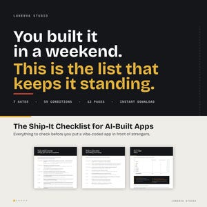Op de afbeelding: Een digitale productafbeelding getiteld The Ship-It Checklist for AI-Built Apps van Lunerva Studio. De tekst luidt: You built it in a weekend. This is the list that keeps it standing. Het bevat 7 gates, 55 voorwaarden en 12 pagina's.