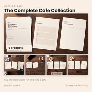 Op de afbeelding: Een verzameling printbare café-menusjablonen en prijslijsten met de tekst "COFFEE & CAFE The Complete Cafe Collection" en "5 products one download". De set bevat diverse documentlay-outs met strakke, neutraal gekleurde ontwerpen.