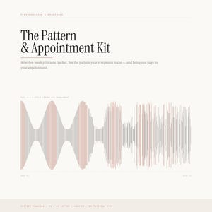 Op de afbeelding: Een printbare tracker getiteld The Pattern & Appointment Kit voor perimenopauze en menopauze. Het document bevat een visualisatiegrafiek voor symptomen over twaalf weken met verticale lijnen in grijstinten en gedempt roze van week 01 tot 12.