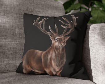 Deer Throw Pillow Cover - Striking Dark Stag Design, Rustic Woodland Decor, Multiple Sizes Available