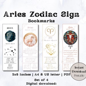 Aries Bookmarks with traits, Gift for Aries Printable Bookmarks, Star Sign Book marks Set of 4, Digital Download, A4, US Letter, PDF files