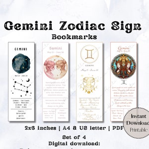 Gemini Bookmarks with traits, Gift for Gemini Printable Bookmarks, Star Sign Book marks Set of 4, Digital Download, A4, US Letter, PDF files