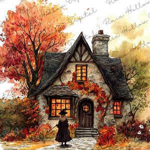 May include: A watercolor painting of a stone cottage with a witch standing in front of it. The cottage has a dark gray roof, a brown door, and windows with glowing lights. The witch is wearing a black robe and a pointed hat. The scene is set in a forest with autumn leaves in shades of red, orange, and yellow.