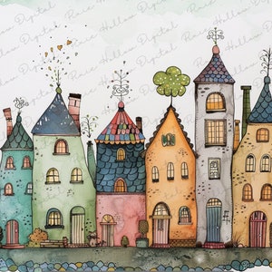 Pacote de Clip Art: 10 fileiras de casas PNG Ilustrações caprichosas para diário de lixo, criação de cartões, scrapbook, artesanato Download digital instantâneo