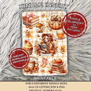 Könnte beinhalten: Druckbarer digitaler Download eines Kindle-Einsatzes zum Thema Herbst mit kariertem Hintergrund. Das Design zeigt ein Mädchen, das ein Buch liest, Kürbisse, Herbstblätter, eine Tasse Tee, einen Cupcake und Bücherstapel. Der Text "Kindle Colorsoft Size Now Included" befindet sich in einem roten Kreis oben rechts. Der Text "Sofortiger Download! Druckbar" befindet sich in einem roten Kreis unten links. Der Text "Autumn Girl" befindet sich oben im Bild. Der Text "Druckbar" befindet sich unten im Bild. Der Text "Für 8 verschiedene Kindle-Größen A4 & US Letter | PDF & PNG Digitaler Download" befindet sich unten im Bild.