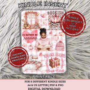 May include: Printable Kindle insert with a pink and white checkered background. The insert features a variety of images, including a woman reading a book, pumpkins, and books. The text "I'd rather be reading", "Bookish", "Social Club", "Romance Readers", and "Book Club" is included on the insert.