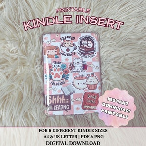 May include: Printable Kindle insert with a pink and white checkered background. The insert features various illustrations including a cat reading a book, a cup of coffee, a cupcake, and a paw print. The text "Books are uniquely portable magic" is also included.