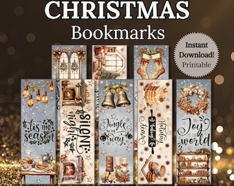 Puede incluir: Conjunto de ocho marcapáginas de Navidad imprimibles con una variedad de temas navideños de invierno. Cada marcapáginas mide 5x15 cm e incluye diseños con texto como "Silent Night", "Tis the Season", "Jingle All the Way", "Holiday Baking Team" y "Joy to the World".