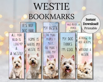 Westie Bookmarks Printable Gift idea, West Highland Terrier Bookmark Bundle for Book Lovers, Dog Quotes Bundle, PNG PDF Instant Download