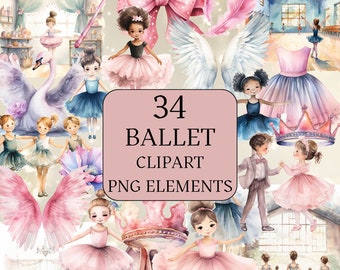 Ballet Clipart 34 Watercolour Transparent PNG files, Dancing Ballerina, Card Making Craft Stickers Commercial Use Digital Instant Download