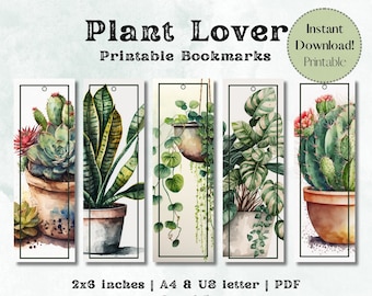 Plant Lover Bookmarks: Watercolor Houseplants, Set of 5 (Digital Download)