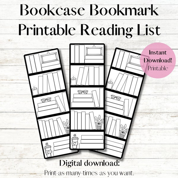 Bookcase bookmarks Printable Bookshelf Coloring Bookmark, Gift For Her, Book Tracker Instant Digital Download Bookmark A4 US letter pdf
