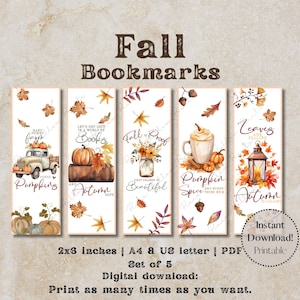 Marcapáginas de otoño imprimibles, juego de 5, regalo para amantes del otoño, descarga digital, archivo PDF tamaño carta (A4, EE. UU.)