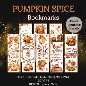 Marcadores de especias de calabaza Regalo de lectura imprimible Paquete de otoño acogedor para amantes de los libros Conjunto de 8 Descarga instantánea digital A4 Carta de EE. UU. PNG PDF