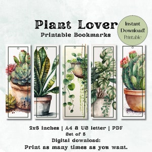 Printable Bookmarks: Plant Lover, Gift for Readers, Houseplant bookmarks, Digital Download, Book Club Gifts, Bookish Plant Lover Book Marks