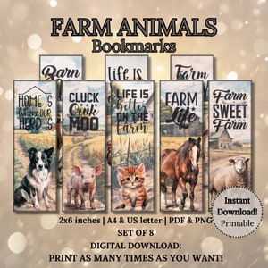 Marcadores para impressão: animais de fazenda, presente para amantes de fazendas e livros, marcas de livros para download digital, A4, impressão e corte de carta dos EUA PNG PDF download