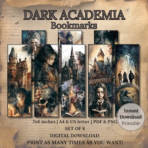 Dark Academia Bookmarks, Printable Gift for Book Lovers, Set of 8 Digital Download, Moody Halloween Bookmarks A4 US Letter PNG PDF download