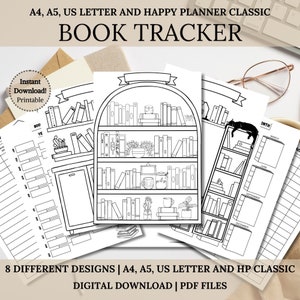 Rastreador de libros imprimible: diario de lectura, planificador de lectura imprimible, registro de reseñas de libros, estantería digital, planificador feliz tamaño A4, tamaño carta de EE. UU., tamaño A5 en formato PDF