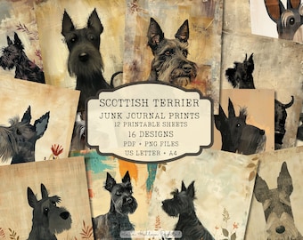 May include: A collage of 16 printable designs featuring Scottish Terrier dogs in various poses. The designs are perfect for junk journaling and include 12 printable sheets in PDF and PNG formats. The text "SCOTTISH TERRIER JUNK JOURNAL PRINTS 12 PRINTABLE SHEETS 16 DESIGNS PDF PNG FILES US LETTER + A4" is displayed in a brown banner.
