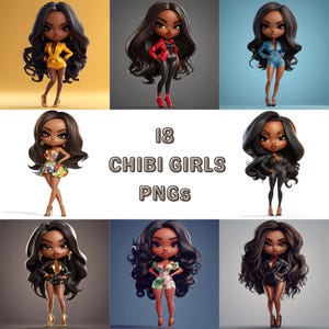 Clipartbundel: 18 Chibi Girls-png's voor junkjournaling, kaarten maken, plakboekambachten, 3D-stijl chibi Black Girl-illustraties, digitale download