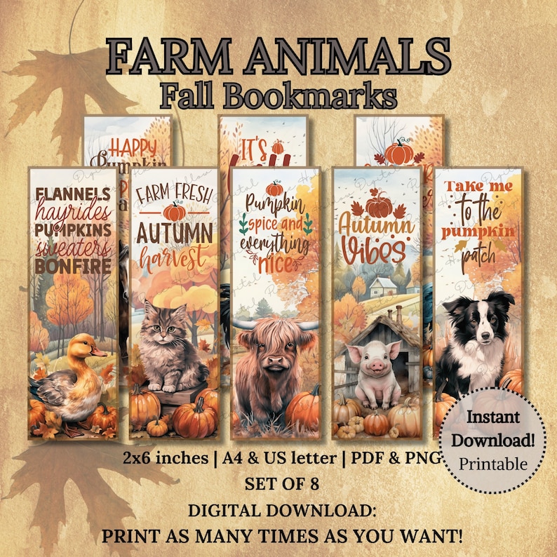 Fall Farm Animals Bookmarks, Printable Set of 8 (digital Download) - Etsy
