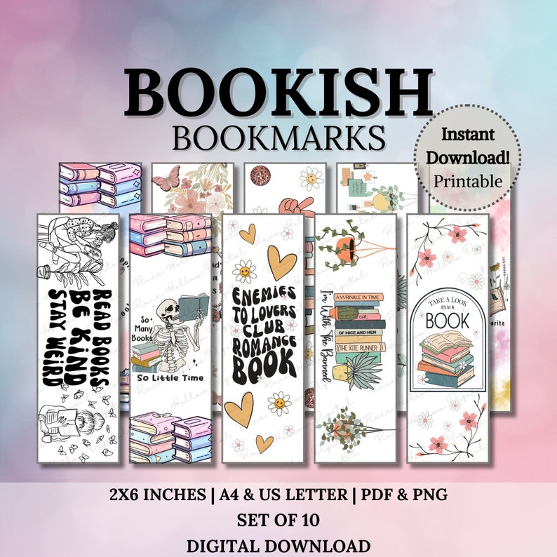 Bookish Bookmarks, Printable Gift for Book Lovers, Printable Bookmark ...