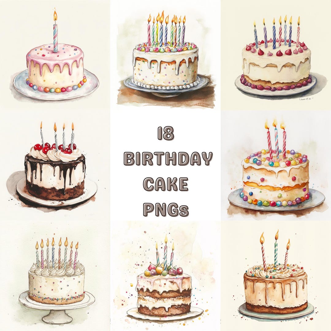 Watercolor Birthday Cake Clipart: 18 PNG Bundle (digital Download ...