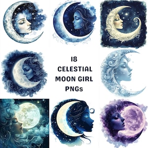 Clipartbundel: 18 Moon Girl PNG's voor junkjournaling, kaarten maken, plakboekambachten, Celestial Moon Face Girl decorkunst, digitale download