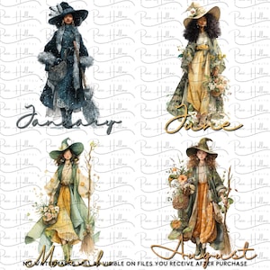 May include: Watercolor illustrations of women in witch-like attire representing the months of January, June, March, and August. Each figure is styled with hats, robes, and accessories, with the month's name written below.
