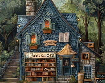 May include: A quaint, blue-green, shingled bookstore with a sign that reads "Bookstore" and a window display of books. The building has a stone foundation and a wooden door with a sign that reads "Books".