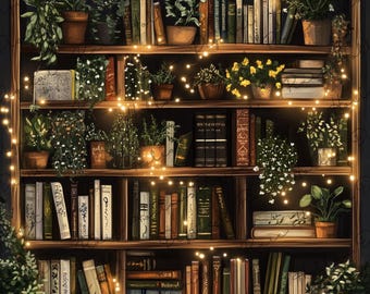 Peut inclure: Une bibliothèque en bois remplie de livres et de plantes en pot. La bibliothèque est décorée de guirlandes lumineuses. Les livres sont disposés en rangées et sont de différentes tailles et couleurs. Les plantes sont vertes et feuillues. Les guirlandes lumineuses sont blanches et ajoutent une lueur chaleureuse à la scène.