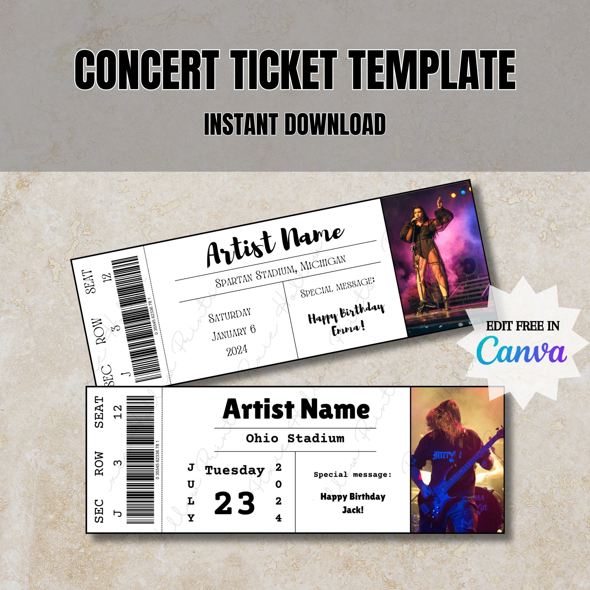 Concert Ticket Template, Editable Canva Template, Birthday Gift ...