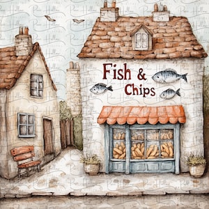 Clip Art Bündel: 15 Fish and Chips Shop PNGs, wunderliche Aquarellbilder für Junk Journaling, Kartenherstellung, Scrapbooking, digitaler Download