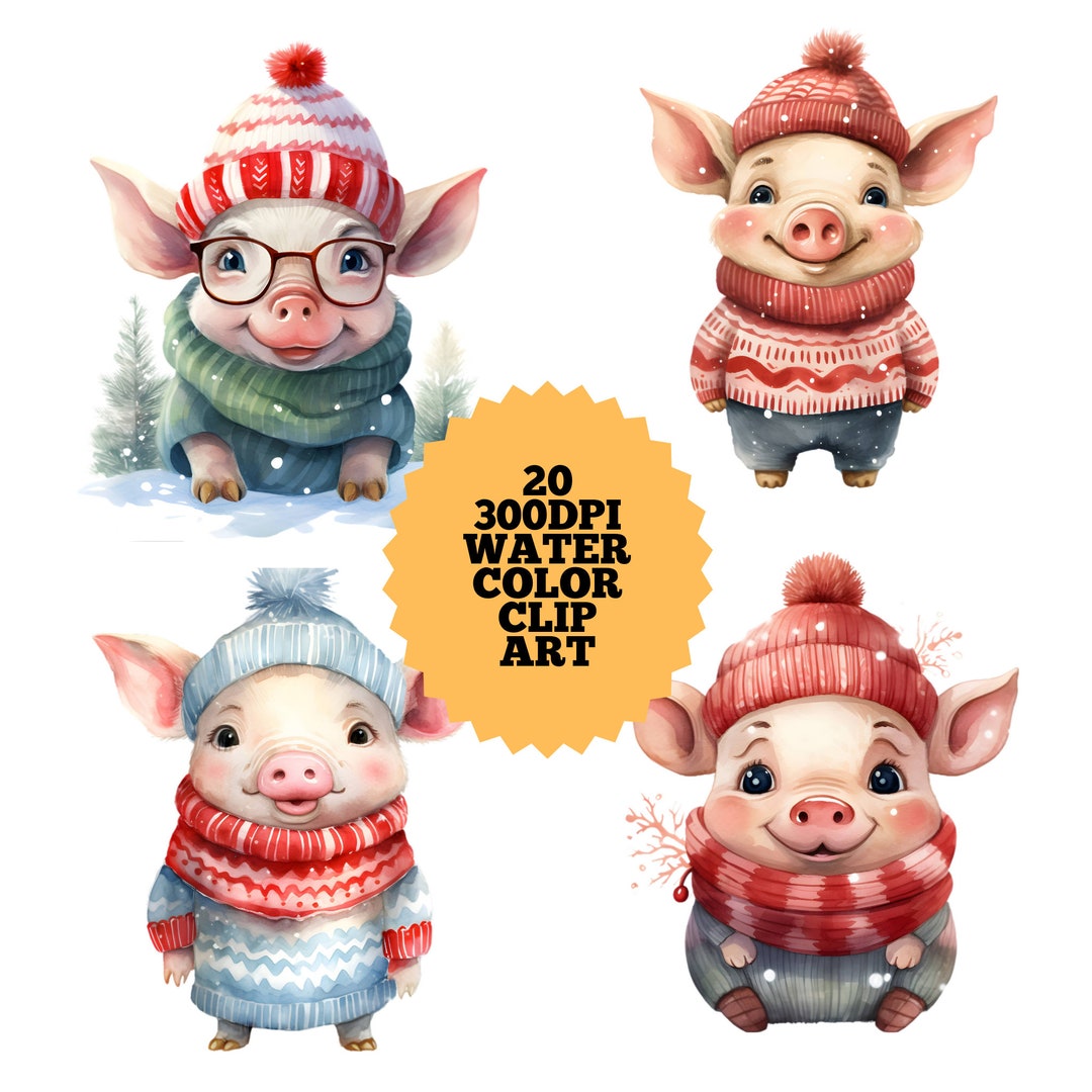 20 Cute Christmas Pigs PNG Watercolor Clipart Bundle Set, Holiday Pigs ...