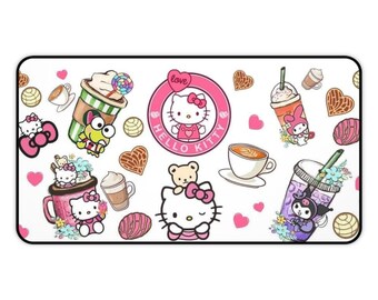 Puede incluir: Un fondo blanco con un diseño rosa de Hello Kitty. El diseño incluye personajes de Hello Kitty, corazones, tazas de café y pasteles. El texto "love" y "Hello Kitty" está incluido en el diseño.