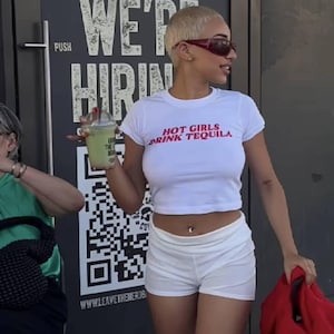 Hot Girls Drink Tequila Baby Tee | Summer Top | Y2k Crop Top | 2000s Baby Tee | Y2k Aesthetic Babytee | Y2k Baby Tee | Y2K White Baby Tee