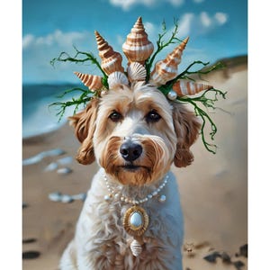 Scarabocchio sulla spiaggia con corona di conchiglie - Stampa artistica da parete 8 x 10" - Illustrazione di qualità - Ritratto di Labradoodle, Goldendoodle