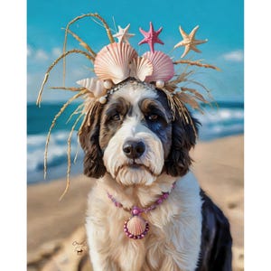 Bernedoodle sulla spiaggia con corona di conchiglie - Stampa artistica da parete 8 x 10" - Illustrazione di qualità - Ritratto di cane scarabocchiato