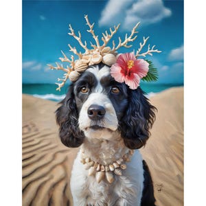 Scarabocchio in bianco e nero sulla spiaggia con corona di conchiglie - Stampa artistica da parete 8 x 10" - Illustrazione di qualità - Ritratto di cane